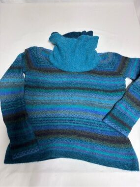Pure Alpaca Women’s M 100% Baby Alpaca Cowl Neck Sweater Blue Teal Striped Peru